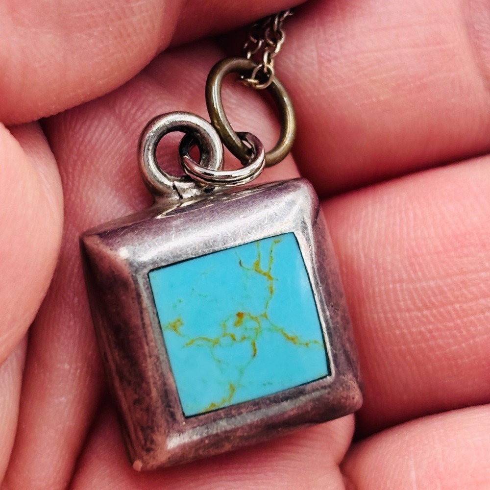Sterling Silver Turquoise Square Pendant Necklace 925 Southwestern Boho 18 Inch